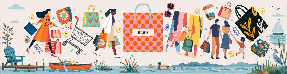 Illustration: Menschen beim Einkaufsbummel mit bunten Taschen am Starnberger See, mit Steg, Ruderboot, Segelboot und Enten im Wasser